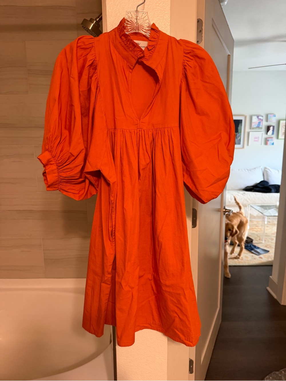 Bold Orange Puff-Sleeve Mini Dress with Ruffled Collar